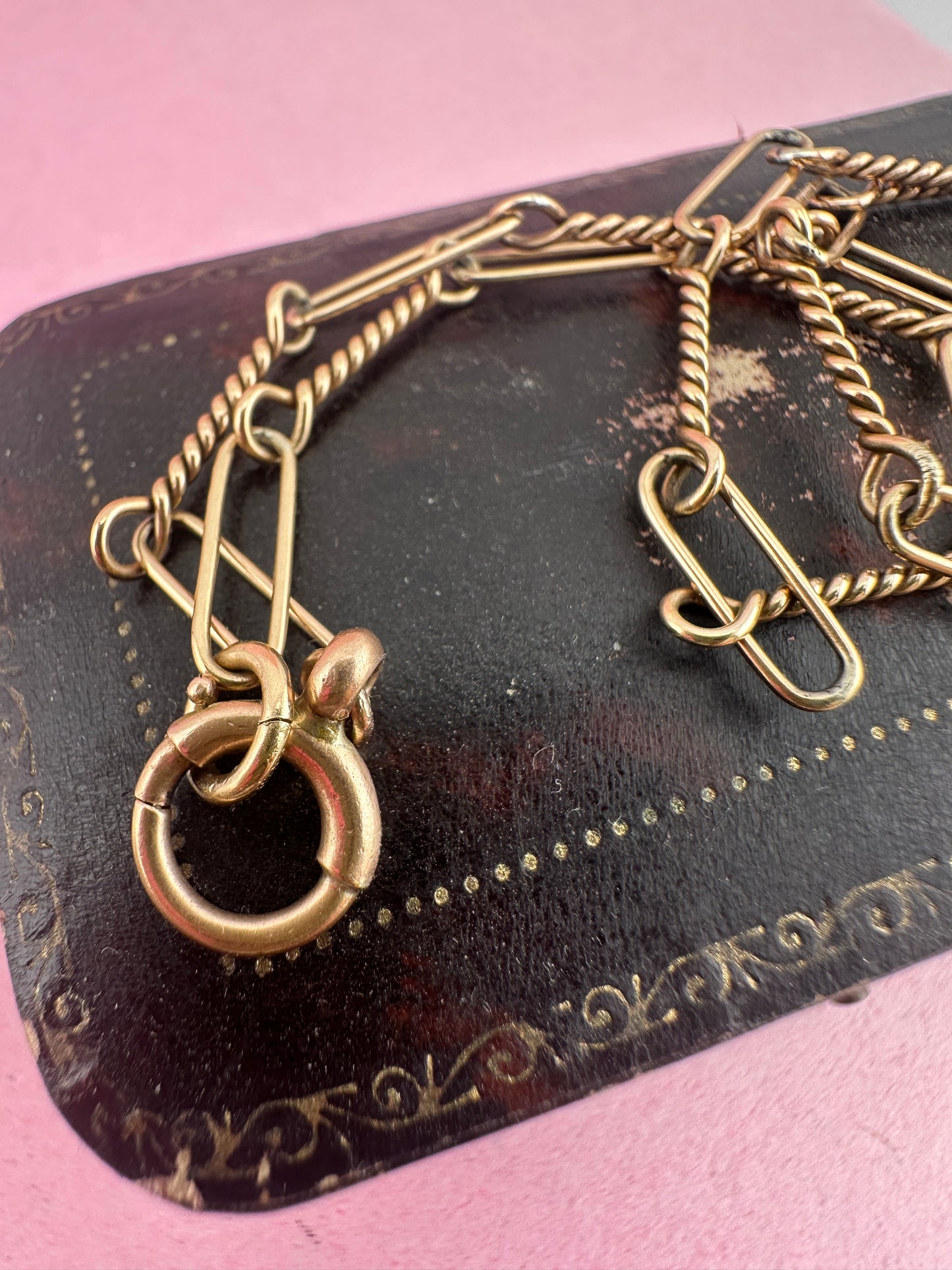 Antique 9ct Rose Gold Trombone and twist Albert chain with bolt clasp and T-bar