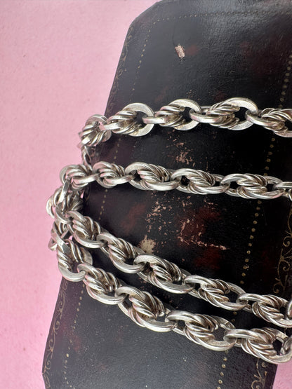 Sterling Silver Lovers Knot Albert chain, with T-bar, dogclip and shield fob.
