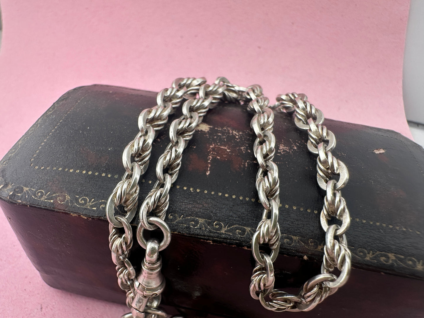 Sterling Silver Lovers Knot Albert chain, with T-bar, dogclip and shield fob.