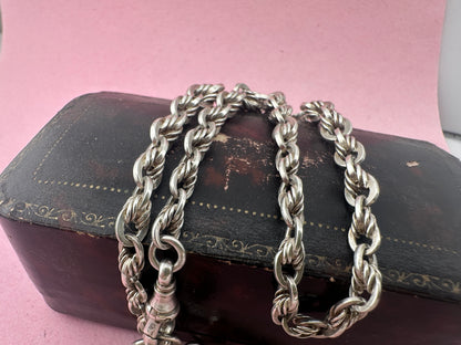 Sterling Silver Lovers Knot Albert chain, with T-bar, dogclip and shield fob.
