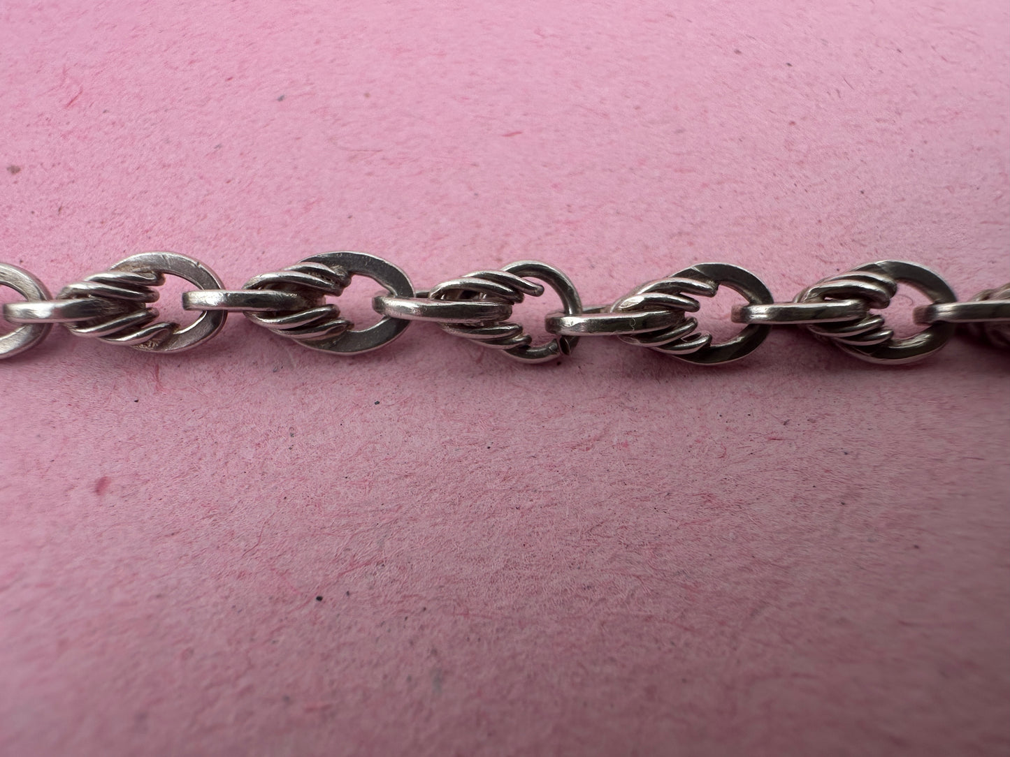 Sterling Silver Lovers Knot Albert chain, with T-bar, dogclip and shield fob.