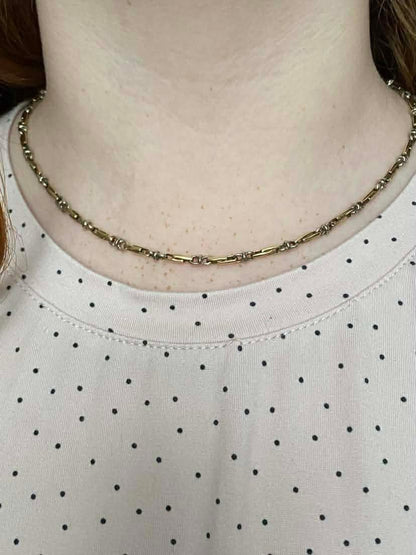 Vintage 9ct white and yellow gold double trombone and infinity link chain