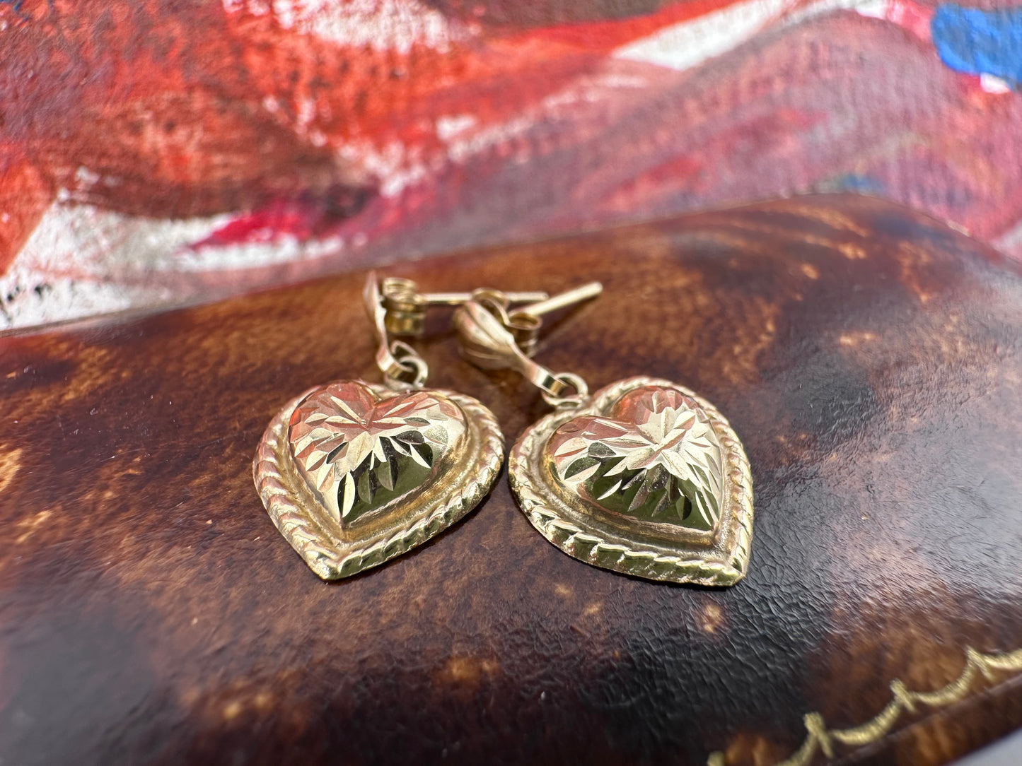 9ct puffy heart drop earrings