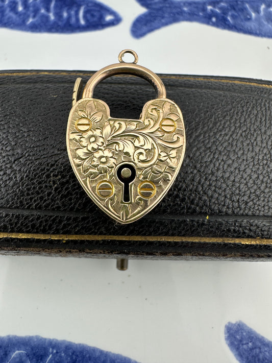 Large Antique 9ct Gold Patterned Heart Padlock