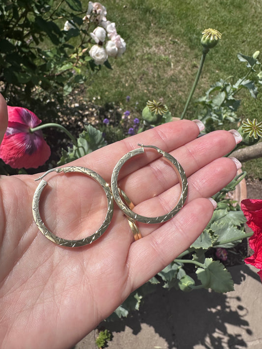 14ct Brushed Gold with star etched pattern hoops