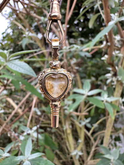 Antique 9ct Gold Heart Watch Key Fob, with Chalcedony & foiled back Rock Crystal