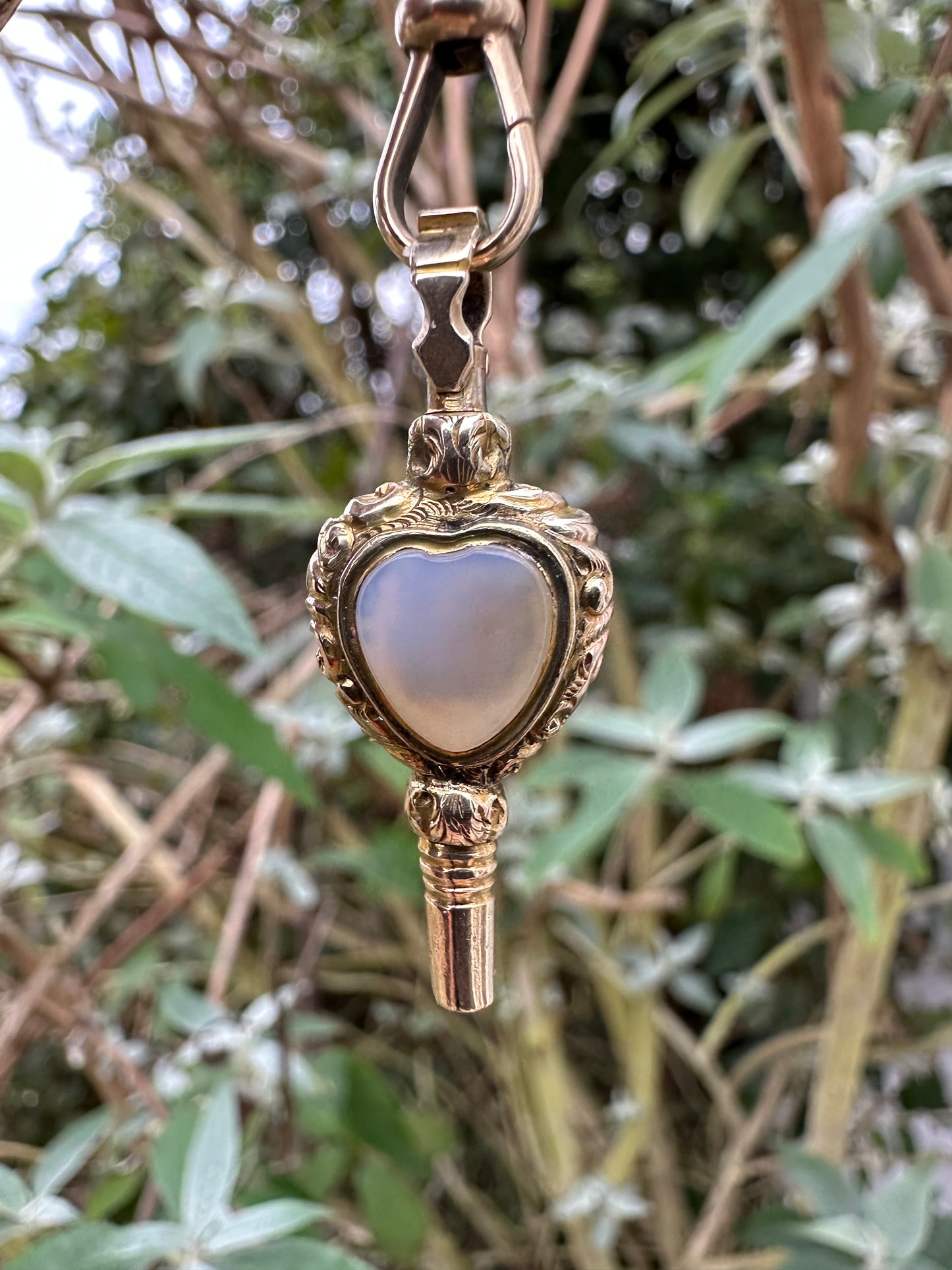 Antique 9ct Gold Heart Watch Key Fob, with Chalcedony & foiled back Rock Crystal