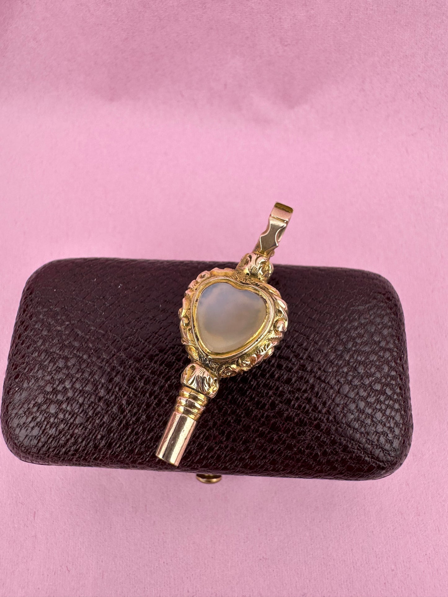 Antique 9ct Gold Heart Watch Key Fob, with Chalcedony & foiled back Rock Crystal