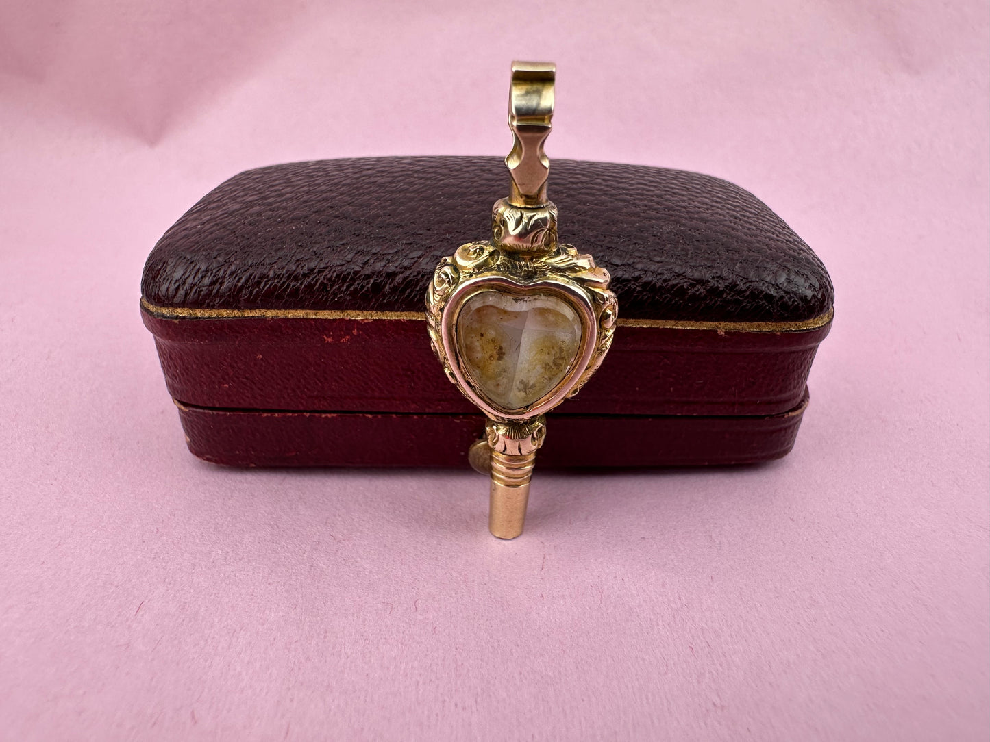 Antique 9ct Gold Heart Watch Key Fob, with Chalcedony & foiled back Rock Crystal