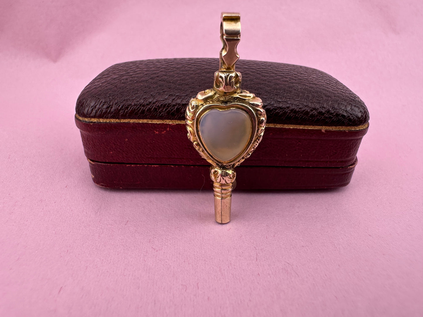 Antique 9ct Gold Heart Watch Key Fob, with Chalcedony & foiled back Rock Crystal