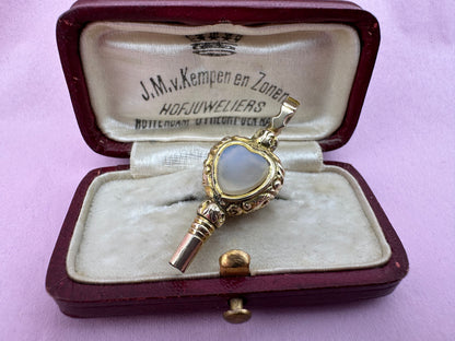 Antique 9ct Gold Heart Watch Key Fob, with Chalcedony & foiled back Rock Crystal