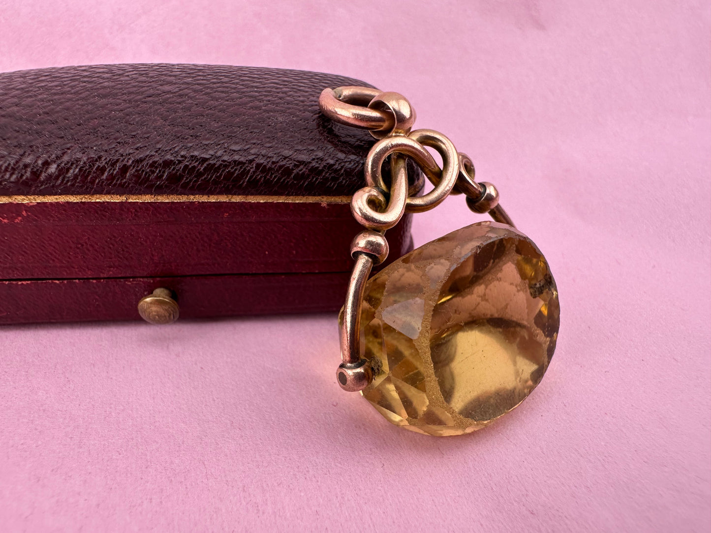 Antique 9ct Rose Gold Citrine Spinner Fob with Lovers knot mount