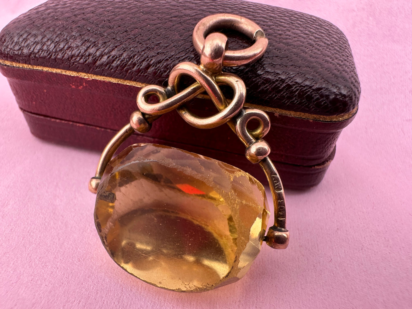 Antique 9ct Rose Gold Citrine Spinner Fob with Lovers knot mount