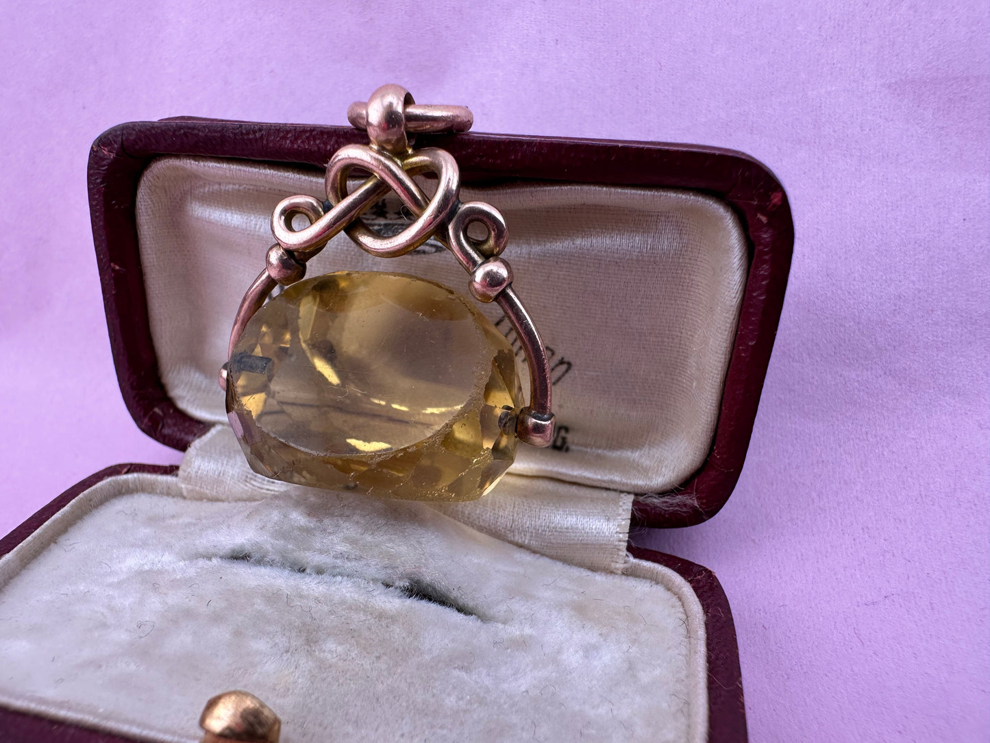 Antique 9ct Rose Gold Citrine Spinner Fob with Lovers knot mount