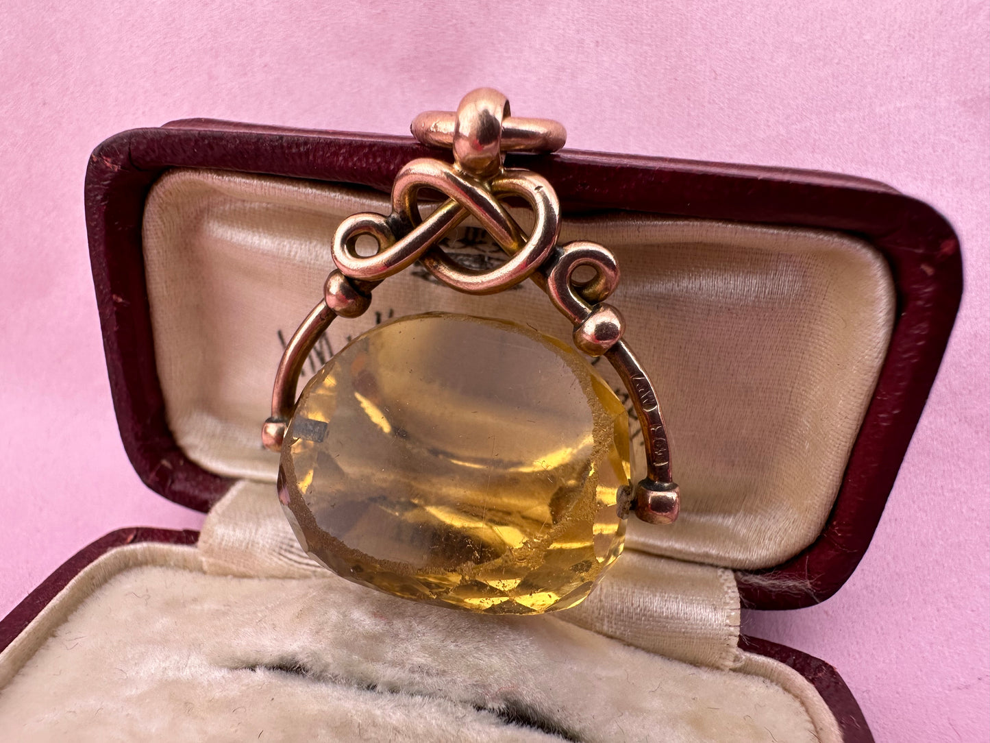 Antique 9ct Rose Gold Citrine Spinner Fob with Lovers knot mount