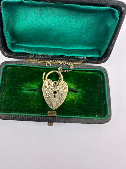 Vintage 9ct Gold Engraved Heart Padlock with safety chain, 1971, 2.2cm long