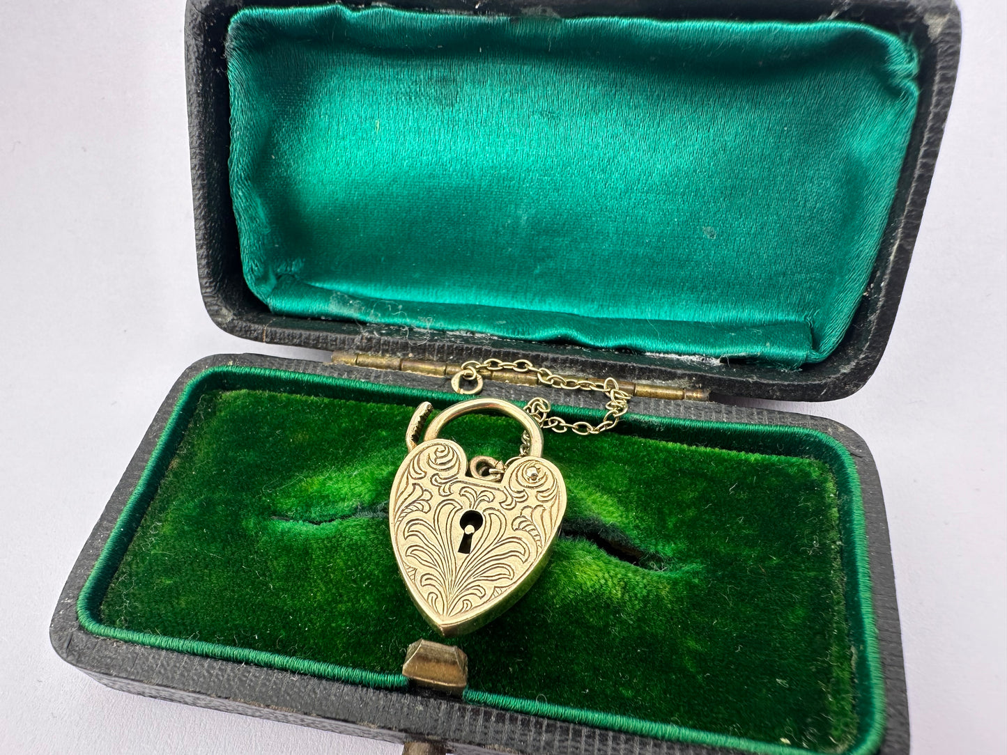 Vintage 9ct Gold Engraved Heart Padlock with safety chain, 1971, 2.2cm long