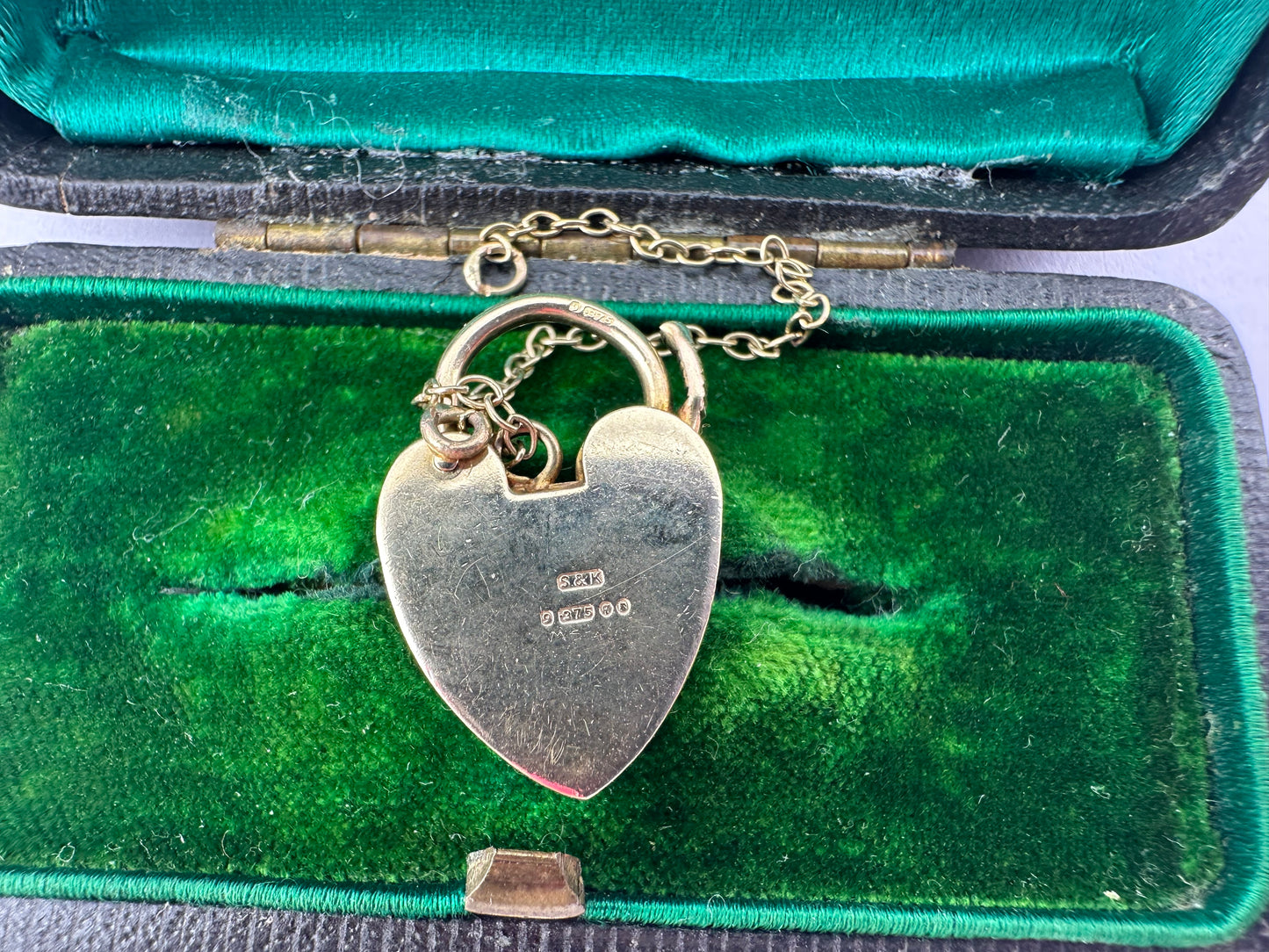 Vintage 9ct Gold Engraved Heart Padlock with safety chain, 1971, 2.2cm long