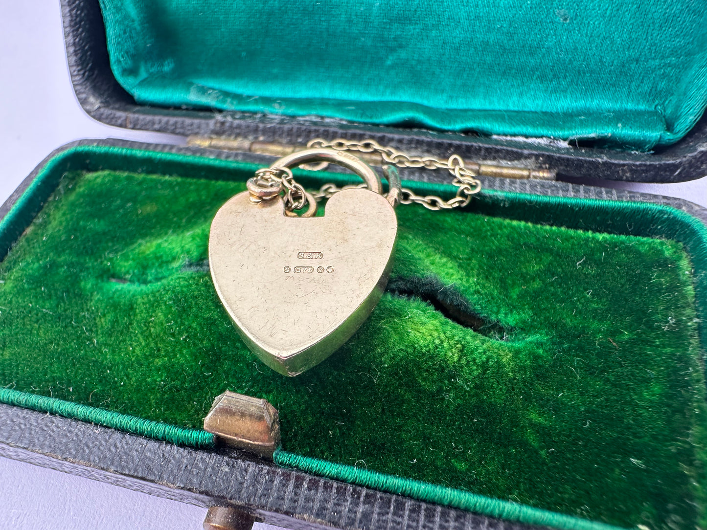 Vintage 9ct Gold Engraved Heart Padlock with safety chain, 1971, 2.2cm long