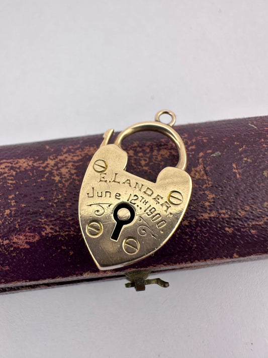 Antique 9ct yellow gold engraved Heart padlock