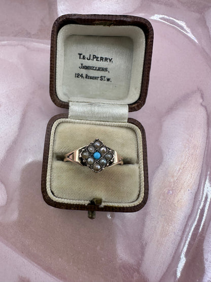 Antique 9ct Gold seed Pearl & Turquoise Ring