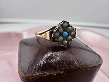 Antique 9ct Gold seed Pearl & Turquoise Ring