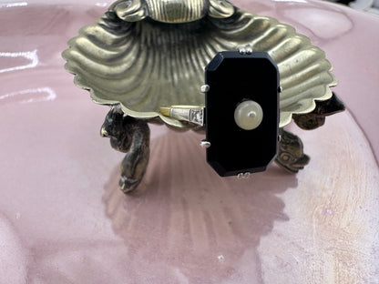 14ct Onyx, Pearl & Rose cut diamond Ring