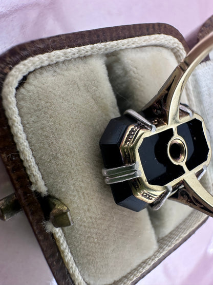 14ct Onyx, Pearl & Rose cut diamond Ring