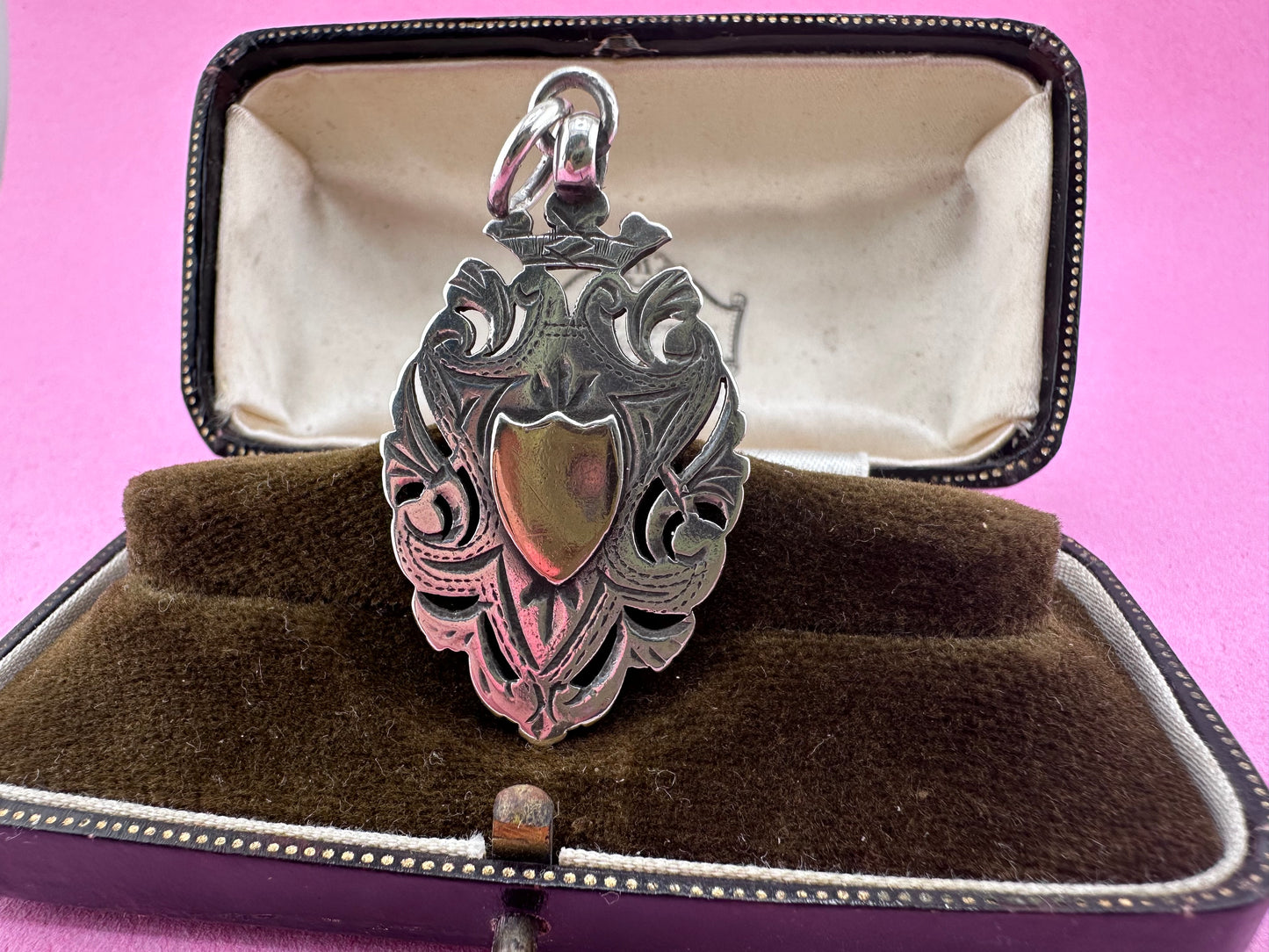 Antique Sterling silver Shield fob with rose gold centre