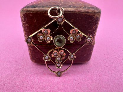 Edwardian 9ct Gold Peridot & Seed Pearl Lavalier pendant