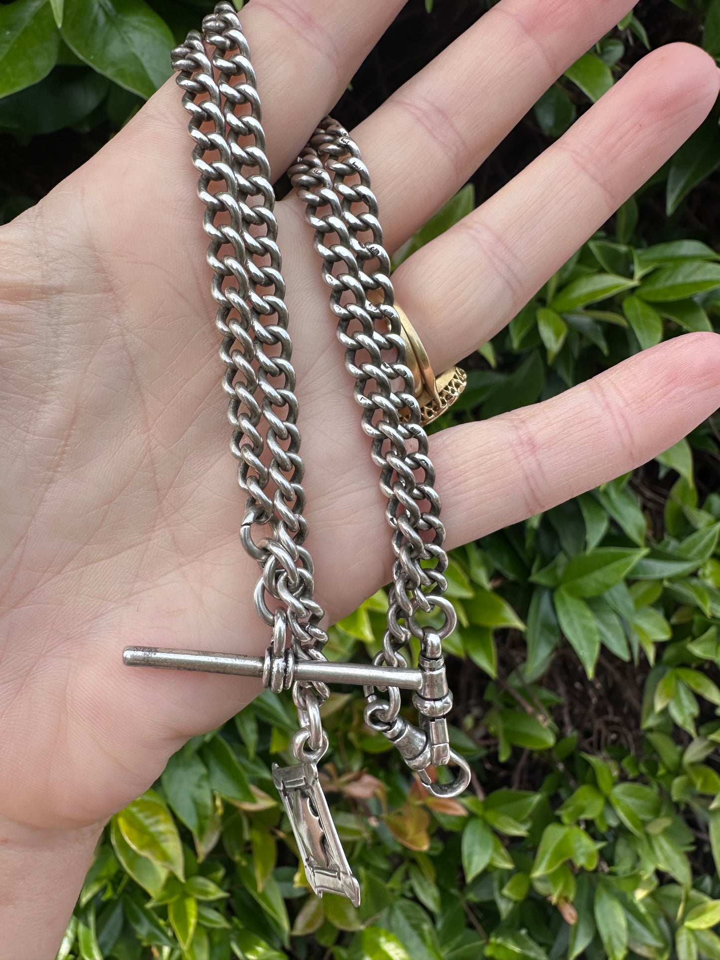 Antique Sterling silver Albert chain, with two dog clip, t-bar and fob