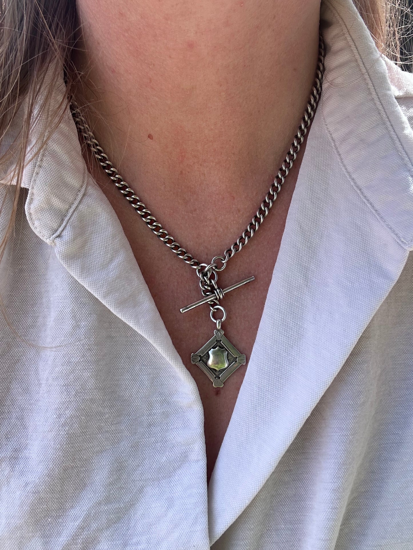 Antique Sterling silver Albert chain, with two dog clip, t-bar and fob