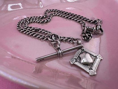 Antique Sterling silver Albert chain, with two dog clip, t-bar and fob