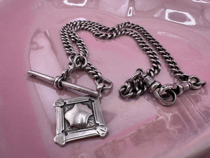 Antique Sterling silver Albert chain, with two dog clip, t-bar and fob