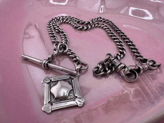 Antique Sterling silver Albert chain, with two dog clip, t-bar and fob