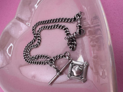 Antique Sterling silver Albert chain, with two dog clip, t-bar and fob