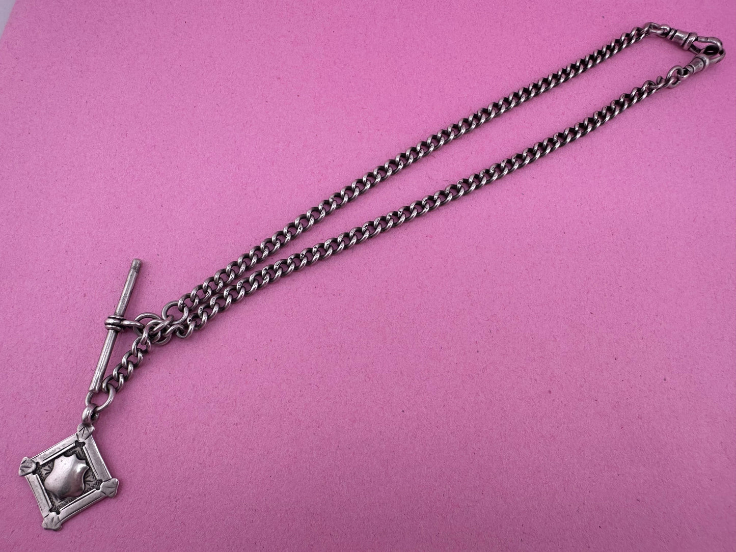 Antique Sterling silver Albert chain, with two dog clip, t-bar and fob