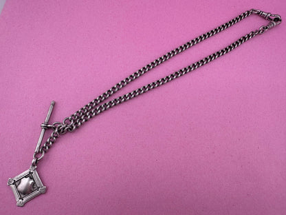 Antique Sterling silver Albert chain, with two dog clip, t-bar and fob