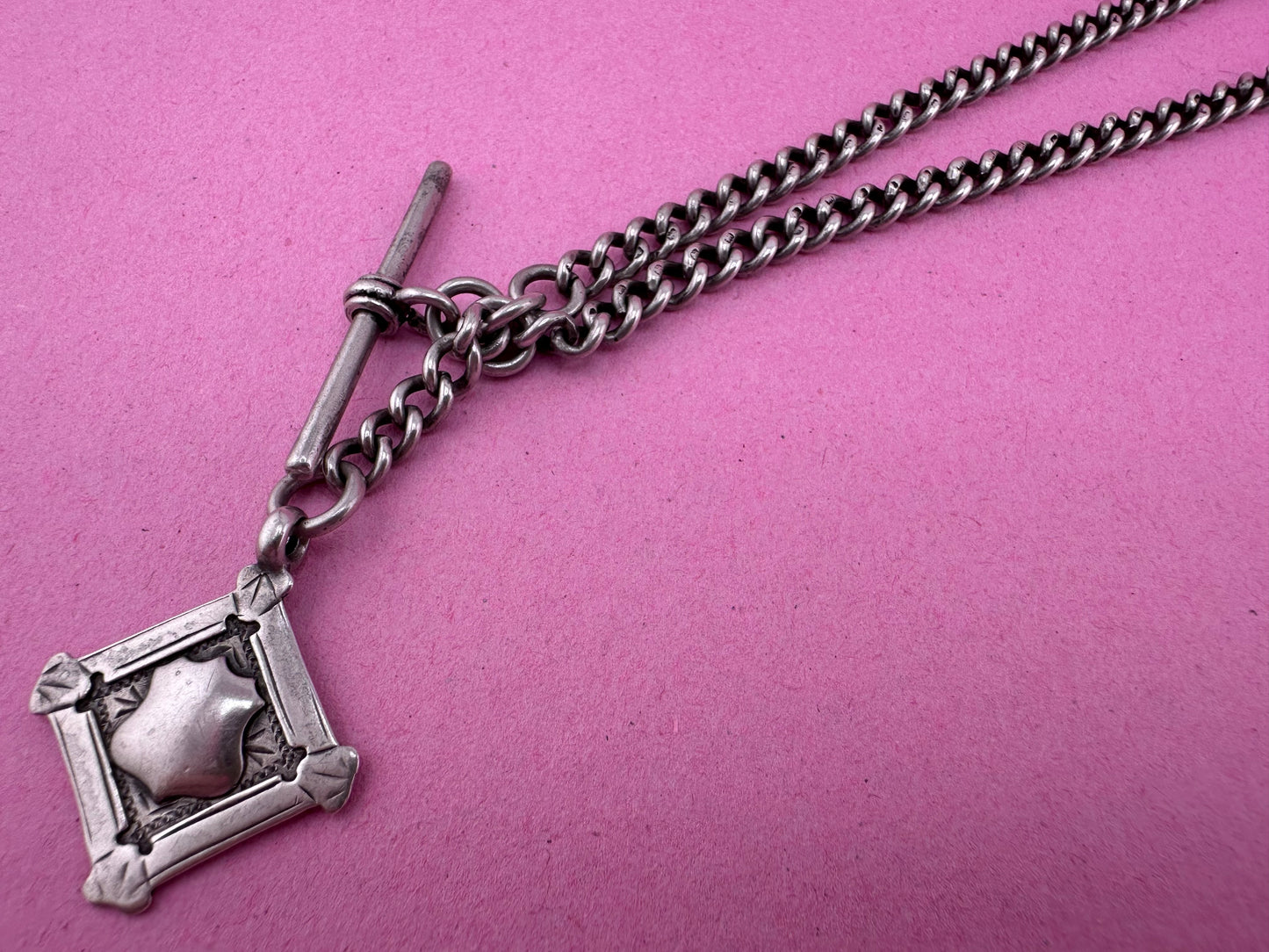 Antique Sterling silver Albert chain, with two dog clip, t-bar and fob