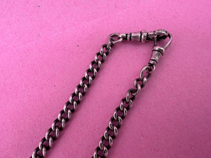 Antique Sterling silver Albert chain, with two dog clip, t-bar and fob