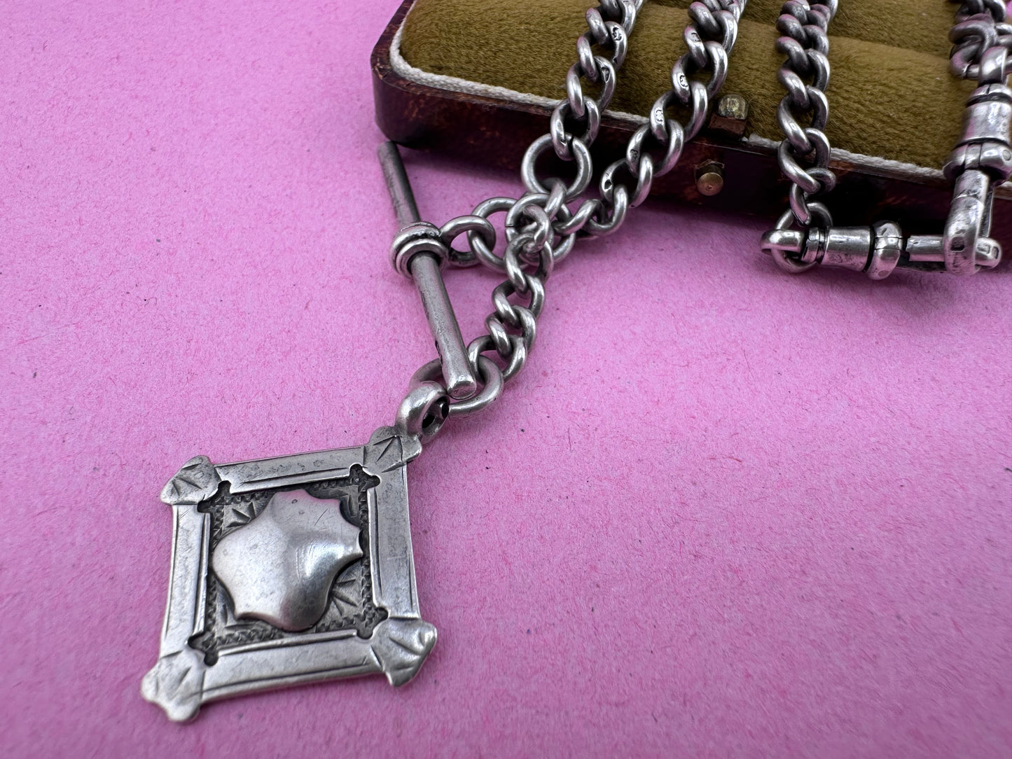 Antique Sterling silver Albert chain, with two dog clip, t-bar and fob