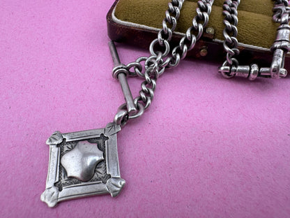 Antique Sterling silver Albert chain, with two dog clip, t-bar and fob