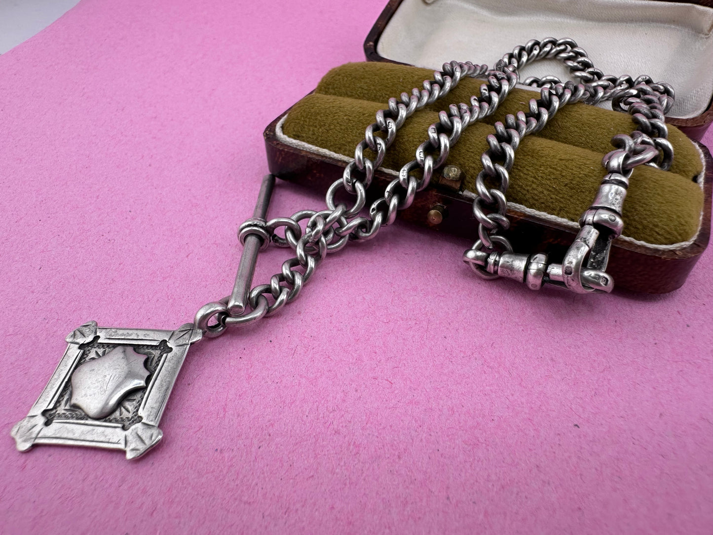 Antique Sterling silver Albert chain, with two dog clip, t-bar and fob