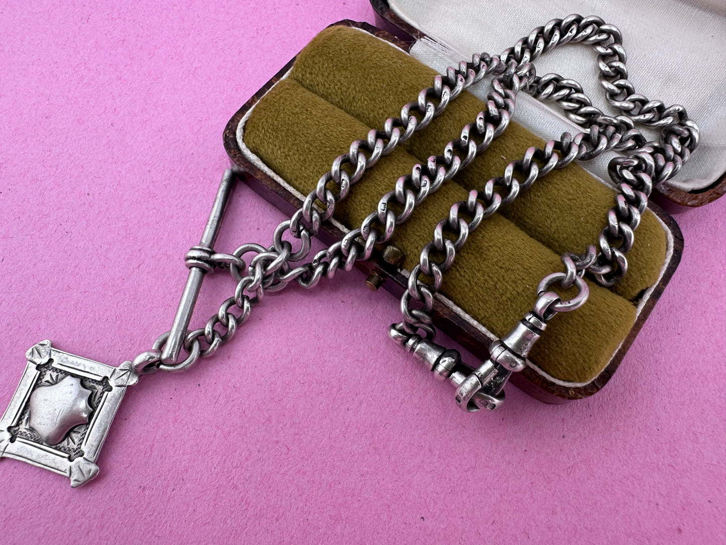 Antique Sterling silver Albert chain, with two dog clip, t-bar and fob