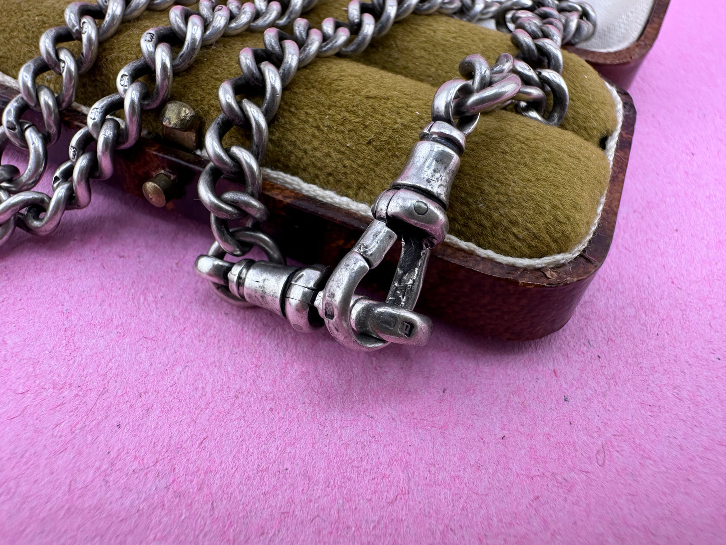 Antique Sterling silver Albert chain, with two dog clip, t-bar and fob