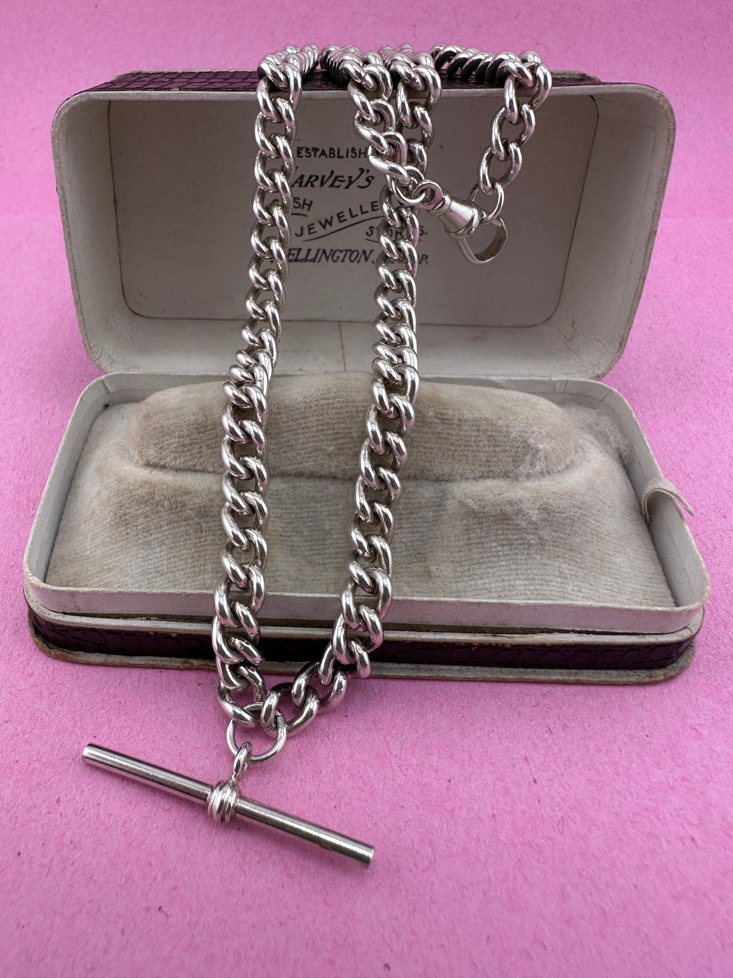 Sterling Silver Albert Chain with dog clip and T-Bar
