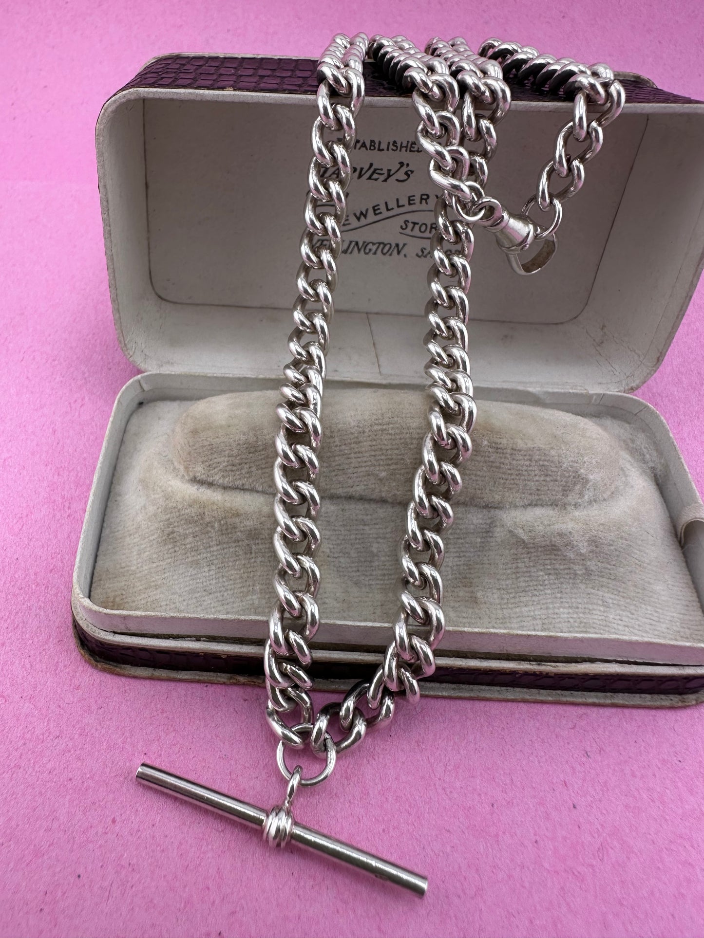Sterling Silver Albert Chain with dog clip and T-Bar