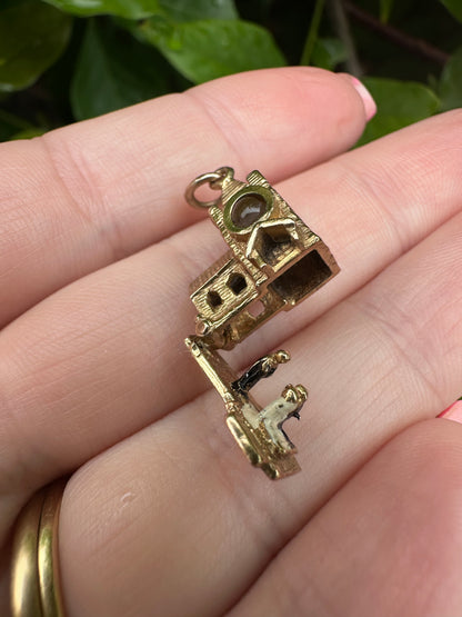 Vintage 9ct Gold Articulated Church Charm with enamelled bride, groom, vicar and Stanhope lense
