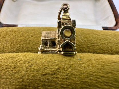 Vintage 9ct Gold Articulated Church Charm with enamelled bride, groom, vicar and Stanhope lense