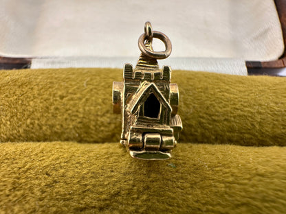 Vintage 9ct Gold Articulated Church Charm with enamelled bride, groom, vicar and Stanhope lense